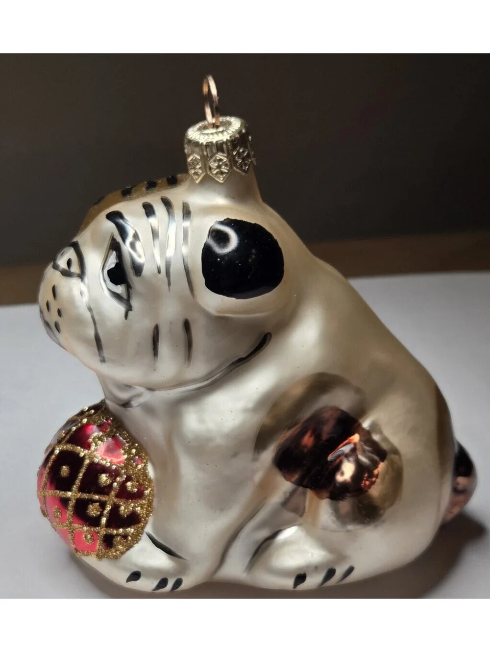 Christopher Radko Glass Pug Dog Christmas Ornament Holding Red Glitter Ball #3